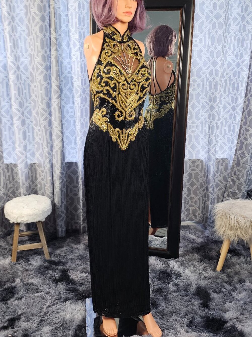 Lillie Rubin Black Silk Halter Gown, Gold Beaded Bodice & Open Back